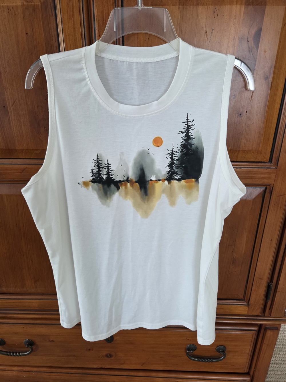 White Women's Graphic Tank Top with Forest Sunset Design XL Fits Like L
